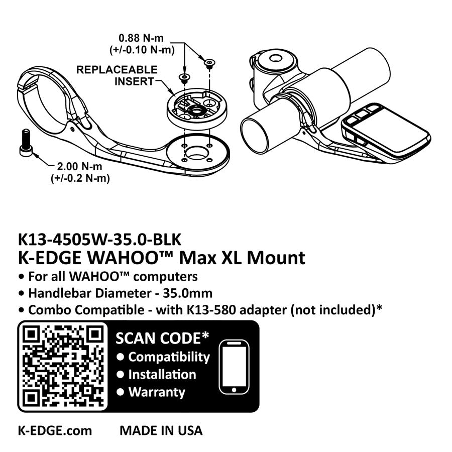 K-EDGE Wahoo MAX XL Computer Mount - 35.0mm Black Anodize