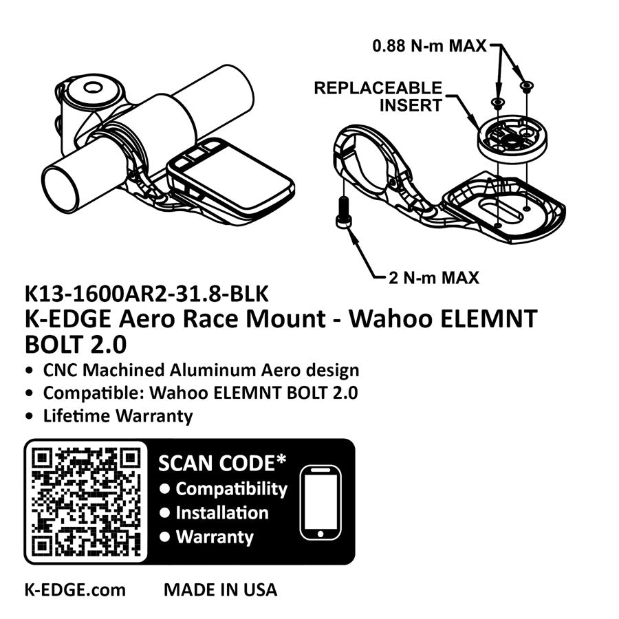 K-EDGE Wahoo Bolt 2.0 Computer Mount - Aero Race 31.8mm Black