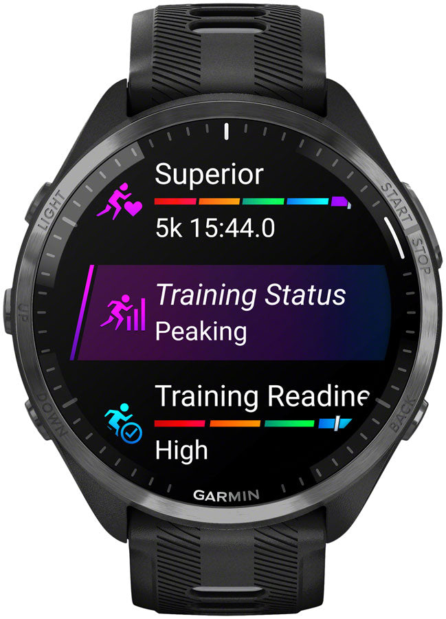 Garmin Forerunner 965 GPS Smartwatch - 47mm Carbon Gray DLC Titanium Bezel BLK Case BLK/Powder Gray Silicone Band