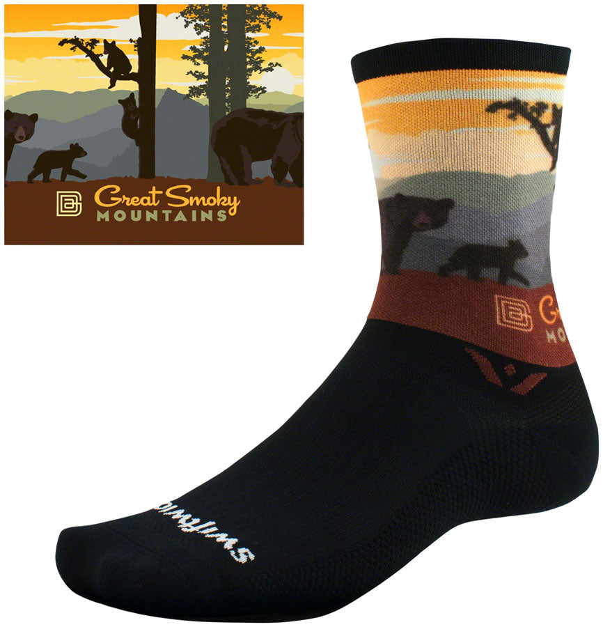 Swiftwick Vision Impression National Park Crew Socks - 6" Great Smoky Mountain Bears Medium